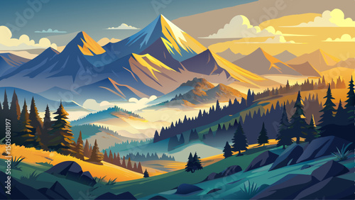 Mountain landscape of Ukrainian Alps in summer reveals morning scenery with soft fog in the distant valley, forest-covered steep slopes, and the majestic Chornohora ridge bathed in golden light.


