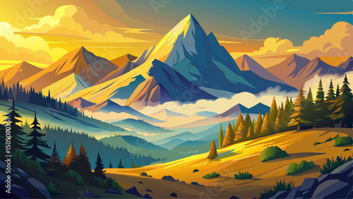 Mountain landscape of Ukrainian Alps in summer reveals morning scenery with soft fog in the distant valley, forest-covered steep slopes, and the majestic Chornohora ridge bathed in golden light.

