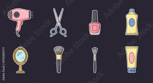 Vector icon set of beauty salon tools including hair dryer, scissors, nail polish, makeup brush, mirror, and skincare lotion.

