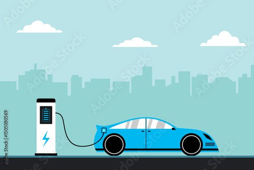 Modern Blue Electric Car at Charging Station, behind it city silhouette