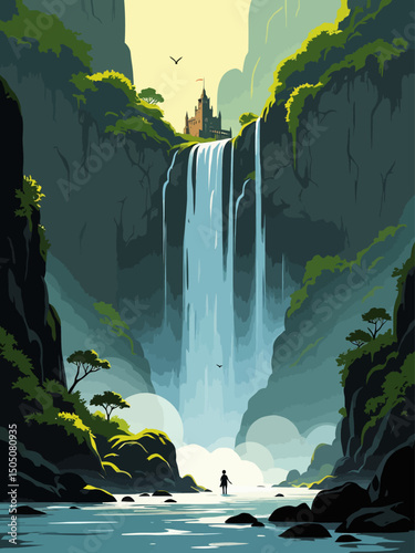 A massive fantasy waterfall crashing beside an ancient palace carved into a cliff, surrounded by dense green jungle, birds flying through mist 