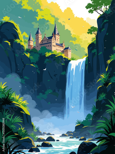 A massive fantasy waterfall crashing beside an ancient palace carved into a cliff, surrounded by dense green jungle, birds flying through mist 