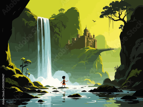 A massive fantasy waterfall crashing beside an ancient palace carved into a cliff, surrounded by dense green jungle, birds flying through mist 