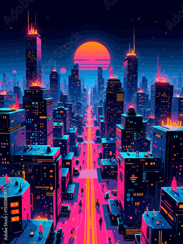  A neon cyberpunk cityscape made out of synthesizer components