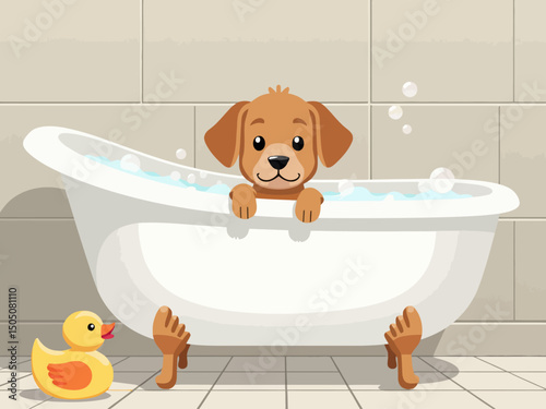Cute puppy in a bathtub filled with bubbles, rubber duck beside, bathroom tiles