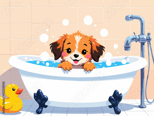 Cute puppy in a bathtub filled with bubbles, rubber duck beside, bathroom
