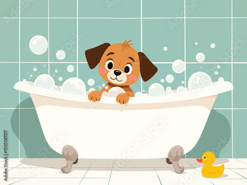 Cute puppy in a bathtub filled with bubbles, rubber duck beside, bathroom