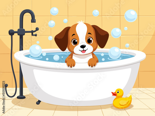 Cute puppy in a bathtub filled with bubbles, rubber duck beside, bathroom