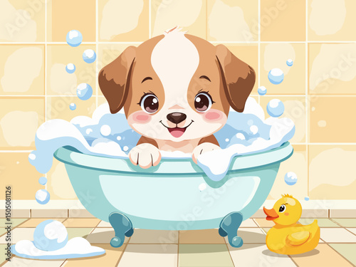 Cute puppy in a bathtub filled with bubbles, rubber duck beside, bathroom