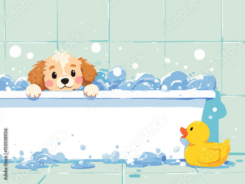 Cute puppy in a bathtub filled with bubbles, rubber duck beside, bathroom