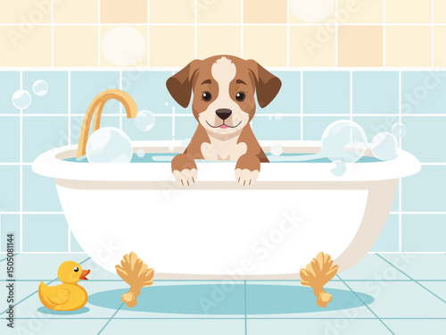 Cute puppy in a bathtub filled with bubbles, rubber duck beside, bathroom