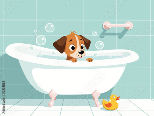Cute puppy in a bathtub filled with bubbles, rubber duck beside, bathroom