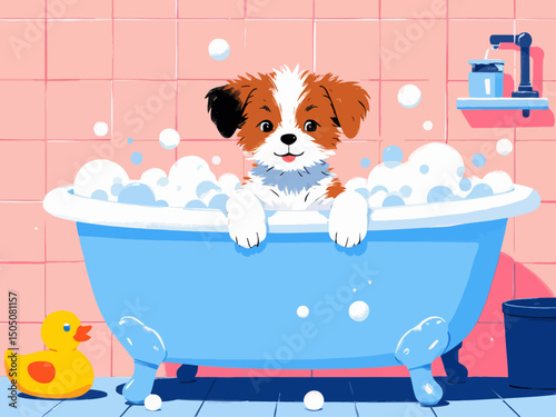 Cute puppy in a bathtub filled with bubbles, rubber duck beside, bathroom