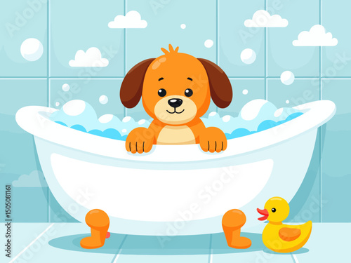 Cute puppy in a bathtub filled with bubbles, rubber duck beside, bathroom