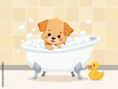 Cute puppy in a bathtub filled with bubbles, rubber duck beside, bathroom tiles