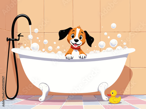 Cute puppy in a bathtub filled with bubbles, rubber duck beside, bathroom