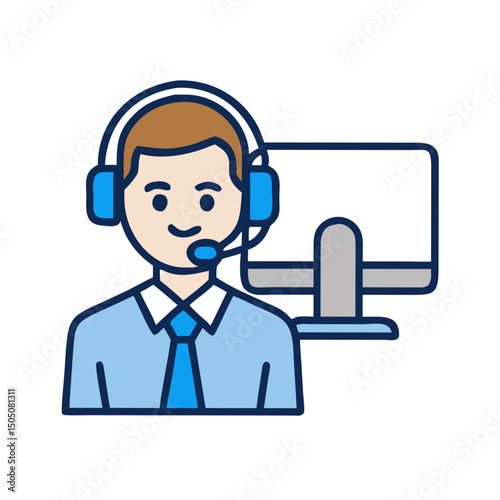 Customer Support Agent with Headset and Monitor Icon – Online Help Desk and Call Center Symbol