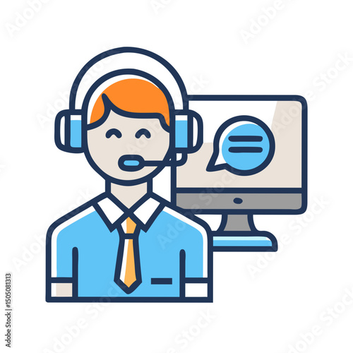 Customer Support Agent with Headset and Monitor Icon – Online Help Desk and Call Center Symbol