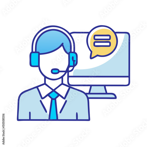 Customer Support Agent with Headset and Monitor Icon – Online Help Desk and Call Center Symbol