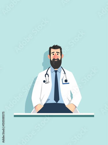 medical clinic scene, minimal design, soft pastel blue background, a professional Iranian male doctor in a white coat with a stethoscope, sitting calmly