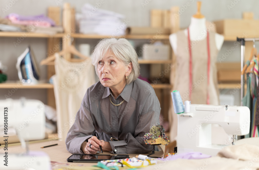Fototapeta premium Mature dressmaker draws a sketch of clothes and patterns on an electronic tablet. Woman creates a fashion design in a workshop.