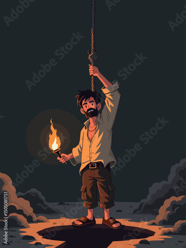 Young man being lowered into bottomless pit by a rope that is tied around his waste