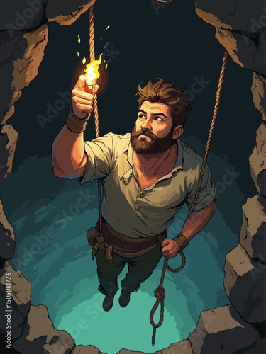 Young man being lowered into bottomless pit by a rope that is tied around his waste