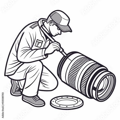 Vector illustration of technician polishing dslr camera lens, isolated on white  background