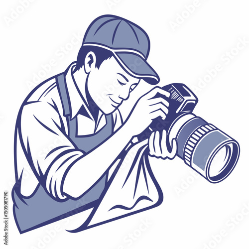 Vector illustration of technician polishing dslr camera lens, isolated on white  background