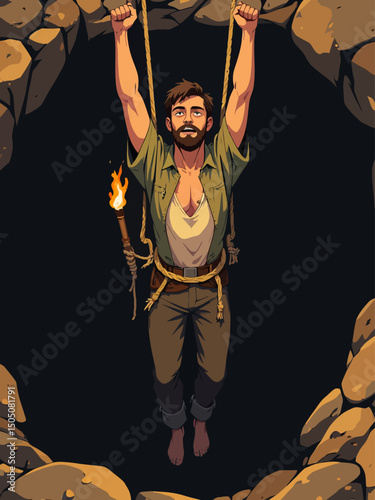 Young man being lowered into bottomless pit by a rope that is tied around his waste