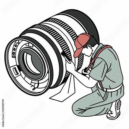 Vector illustration of technician polishing dslr camera lens, isolated on white  background