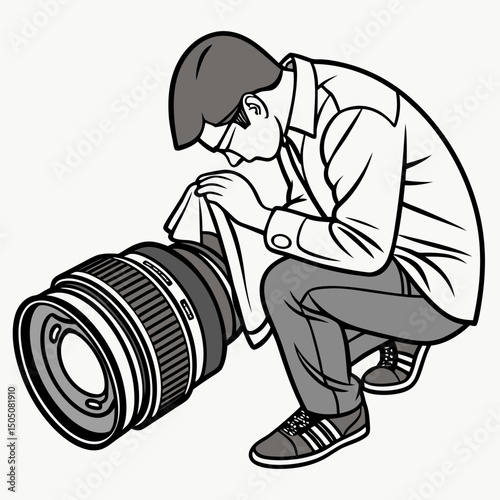 Vector illustration of technician polishing dslr camera lens, isolated on white  background