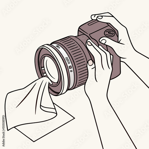 Vector illustration of technician polishing dslr camera lens, isolated on white  background