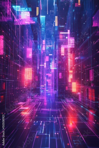 Futuristic wireframe smart city connected by a glowing digital network.