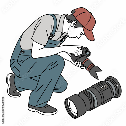 Vector illustration of technician polishing dslr camera lens, isolated on white  background