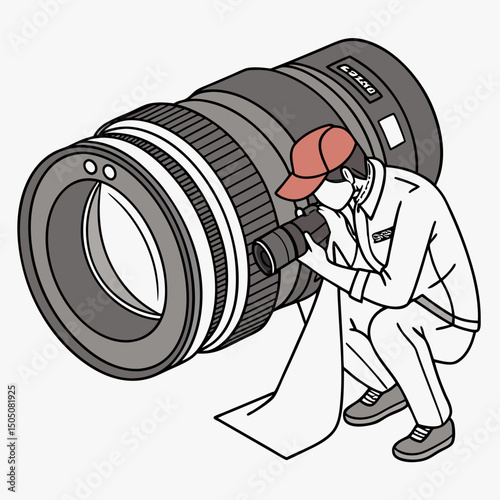 Vector illustration of technician polishing dslr camera lens, isolated on white  background