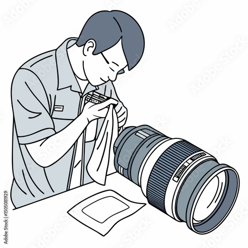 Vector illustration of technician polishing dslr camera lens, isolated on white  background