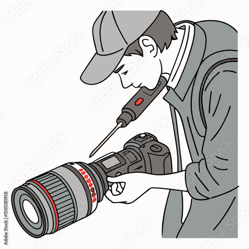 Vector illustration of technician polishing dslr camera lens, isolated on white  background