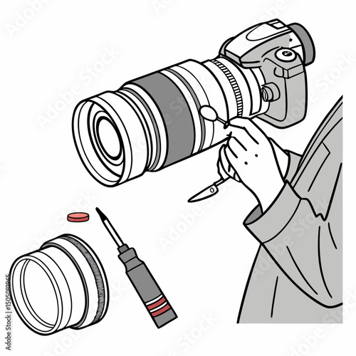 Vector illustration of technician polishing dslr camera lens, isolated on white  background