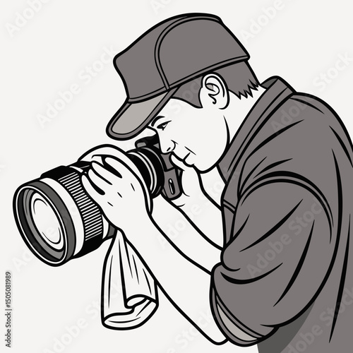 Vector illustration of technician polishing dslr camera lens, isolated on white  background