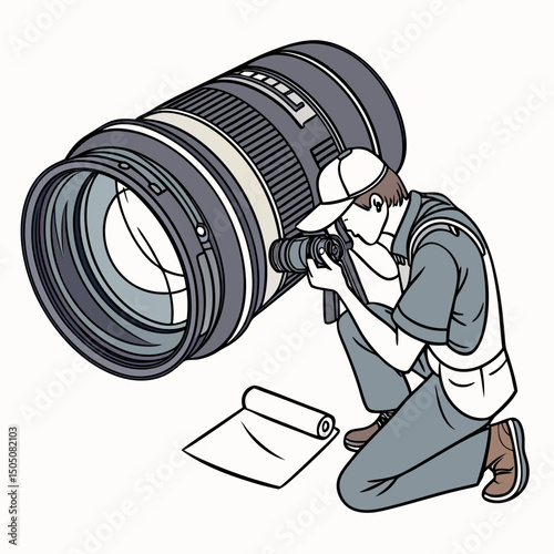 Vector illustration of technician polishing dslr camera lens, isolated on white  background