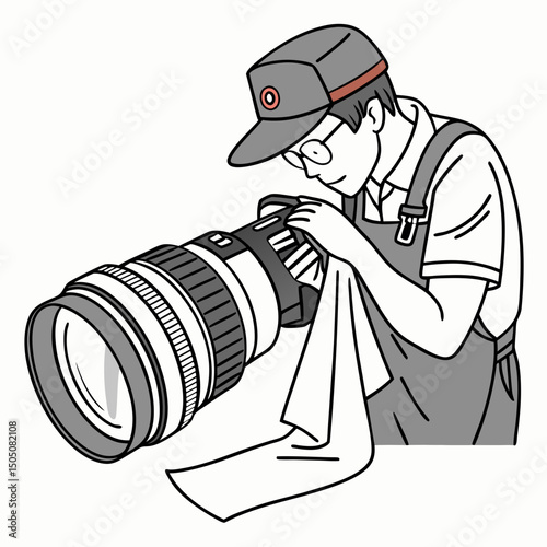Vector illustration of technician polishing dslr camera lens, isolated on white  background