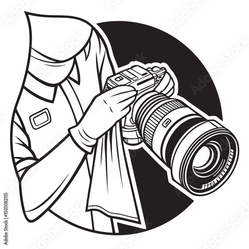 Vector illustration of technician polishing dslr camera lens, isolated on white  background