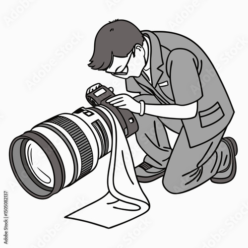 Vector illustration of technician polishing dslr camera lens, isolated on white  background