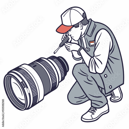 Vector illustration of technician polishing dslr camera lens, isolated on white  background