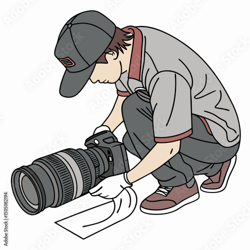 Vector illustration of technician polishing dslr camera lens, isolated on white  background