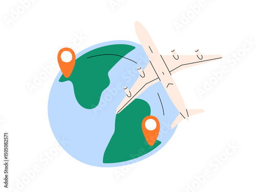 Airplane flying across world map with destination markers, flight path showing air travel route, tourism journey, global navigation concept flat vector illustration.