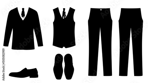 "Full-frontal view of high-end men's formalwear laid out in an organized, grid-like format — featuring a black suit, white shirt, black vest and pants, gold-accented tie, and black leather dress shoes