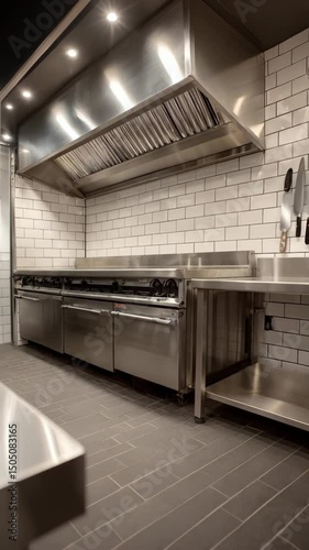Clean commercial kitchen with stainless steel range, hood vent, and tile backsplash and floor