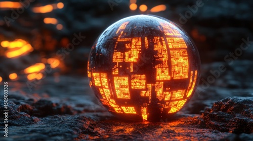 Glowing futuristic sphere containing a digital quantum structure, representing advanced computing.